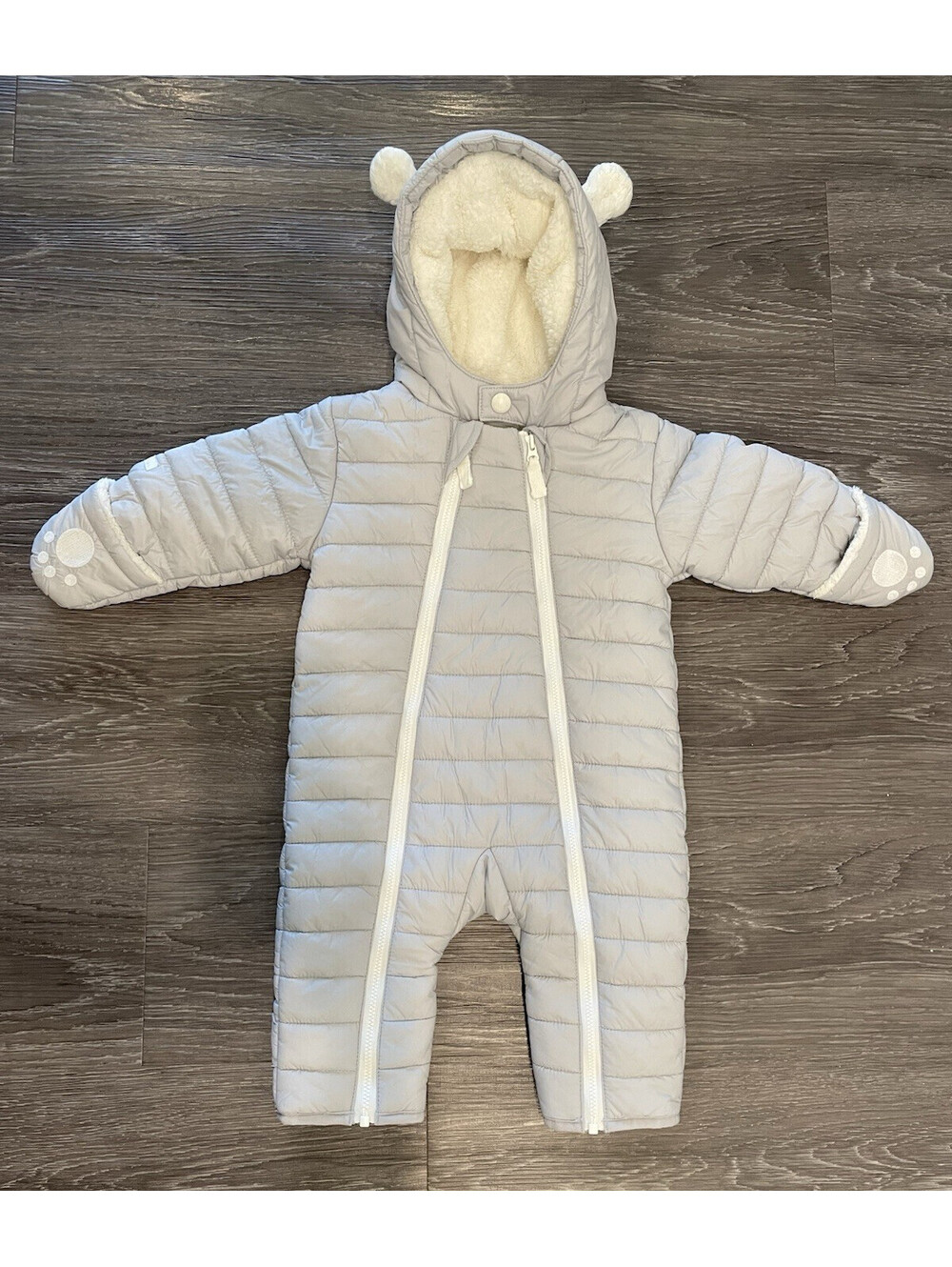 Baby Snowsuit 3-6 MonthThe Little White Company Gray Hooded Lined Bear Puffer
